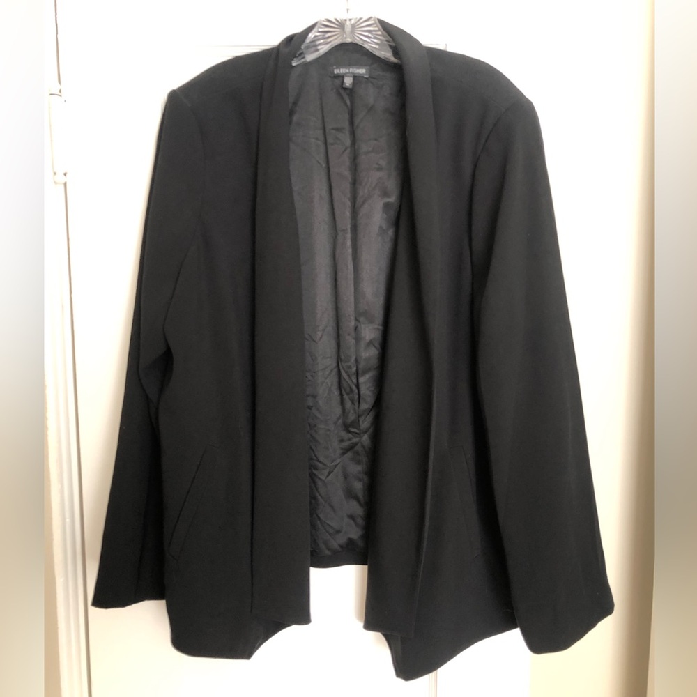 Eileen Fisher Blazer Black Eco Poly Open Front Silk Lined Jacket Size XL